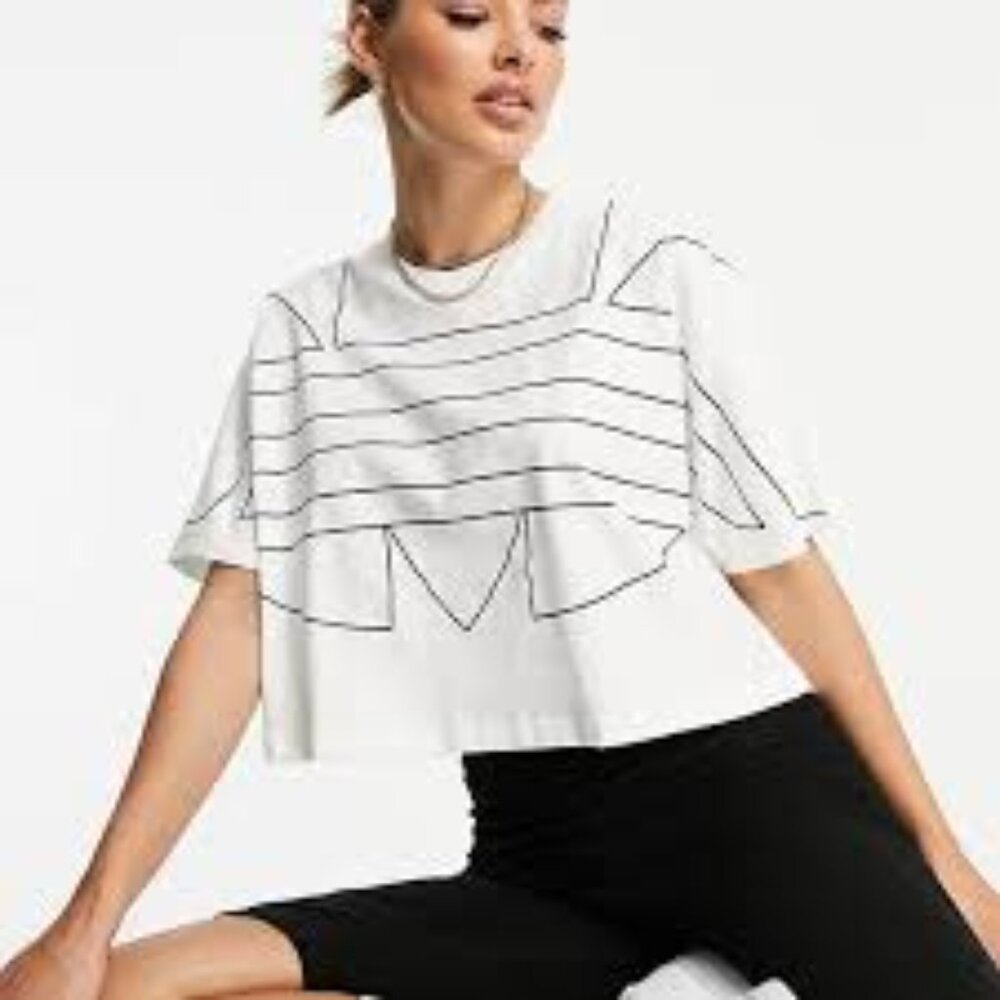 Adidas Original Logo T-Shirt Womens XS White Crew Neck Short Sleeve Cropped Tee